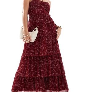 ASOS Burgundy Polka Dot Strapless Tiered Maxi Dress